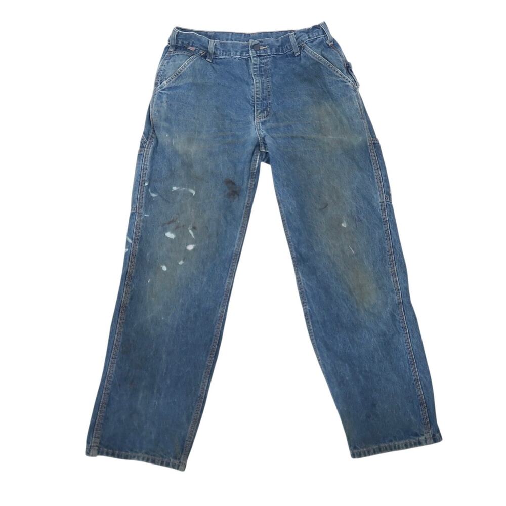 Carhartt FR Flame Resistant Work Pants Blue Denim Distressed Jeans 35x32